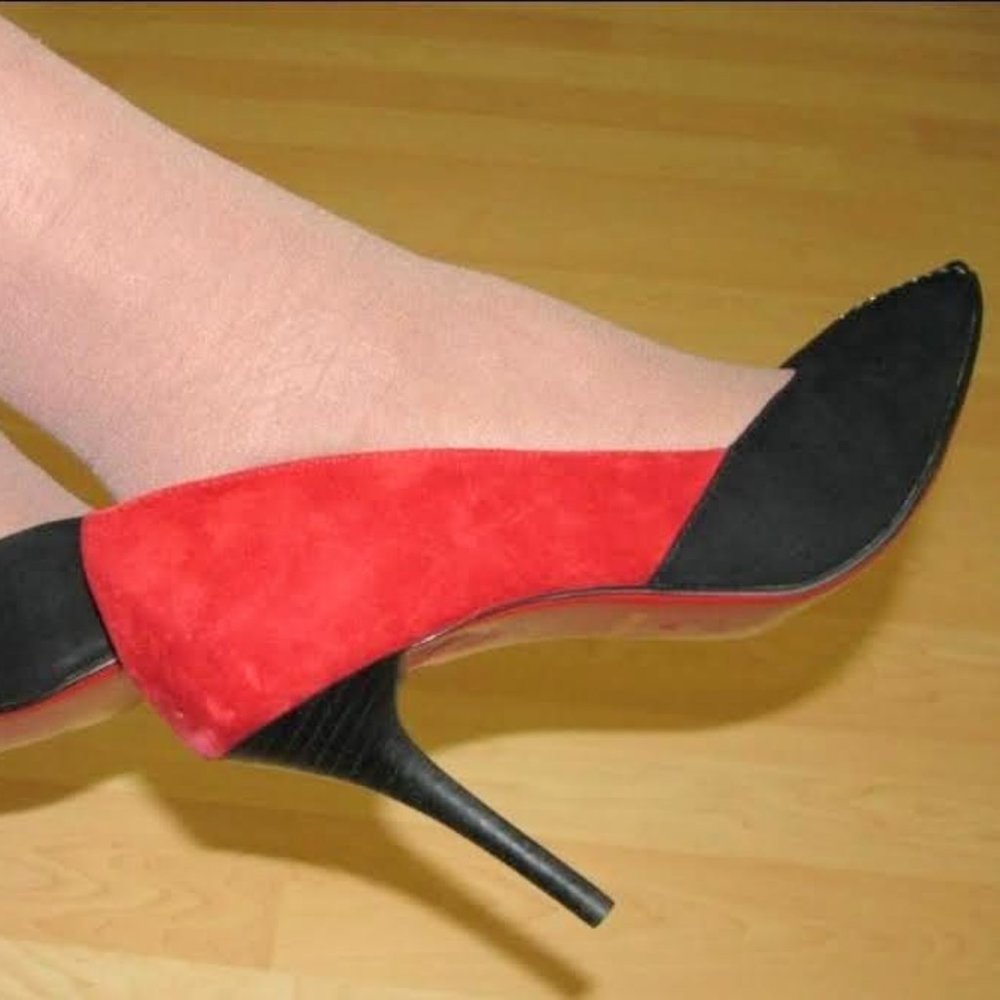 Brand New Sizes 7, 8, 9, 10 Red and Black Suede Open Toe High Heel Shoes